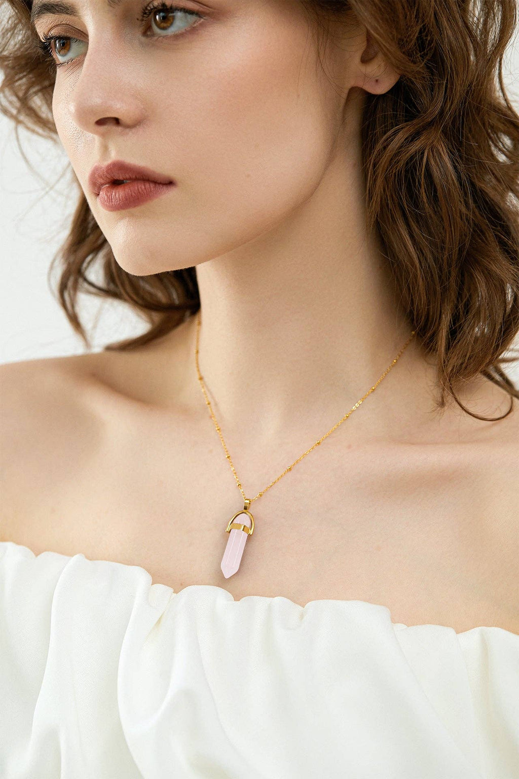 Aura Quartz Hexagonal Pendant Necklace with Crescent Moon