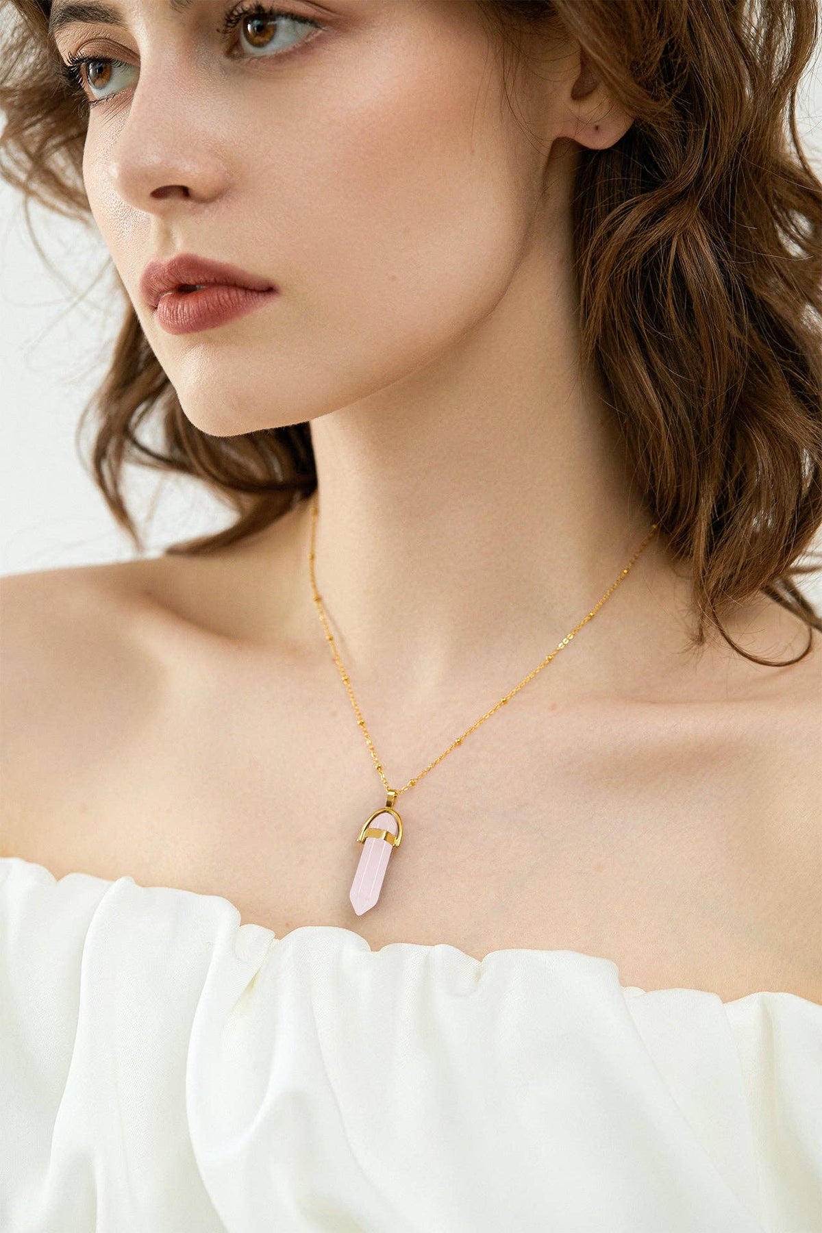 Aura Quartz Hexagonal Pendant Necklace with Crescent Moon