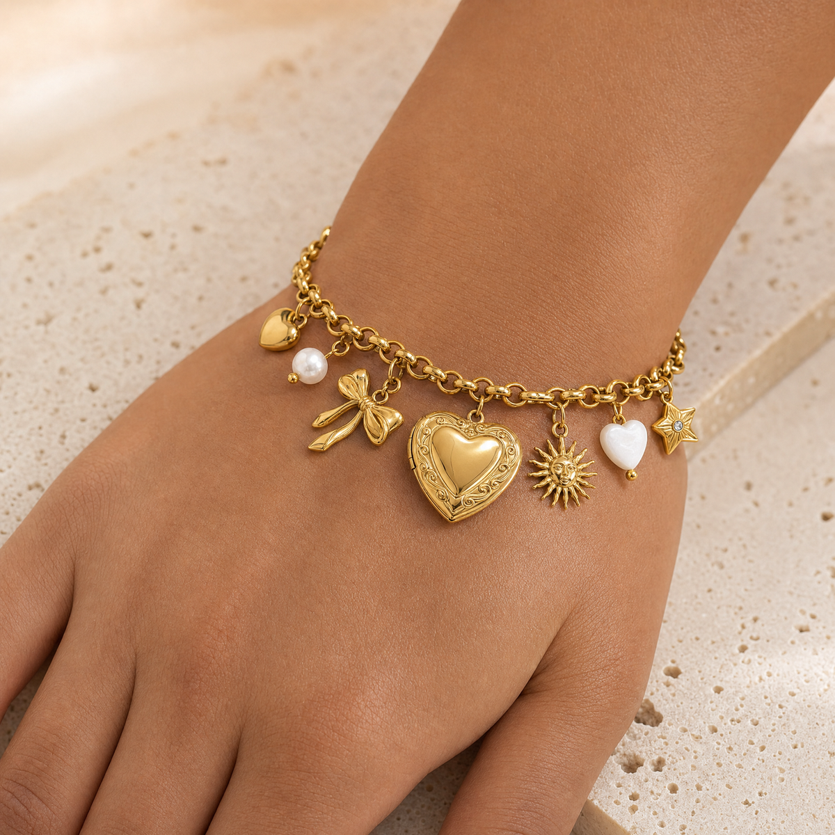 Amara Chunky 18K Gold Plated Charm Bracelet with Mixed Pendants