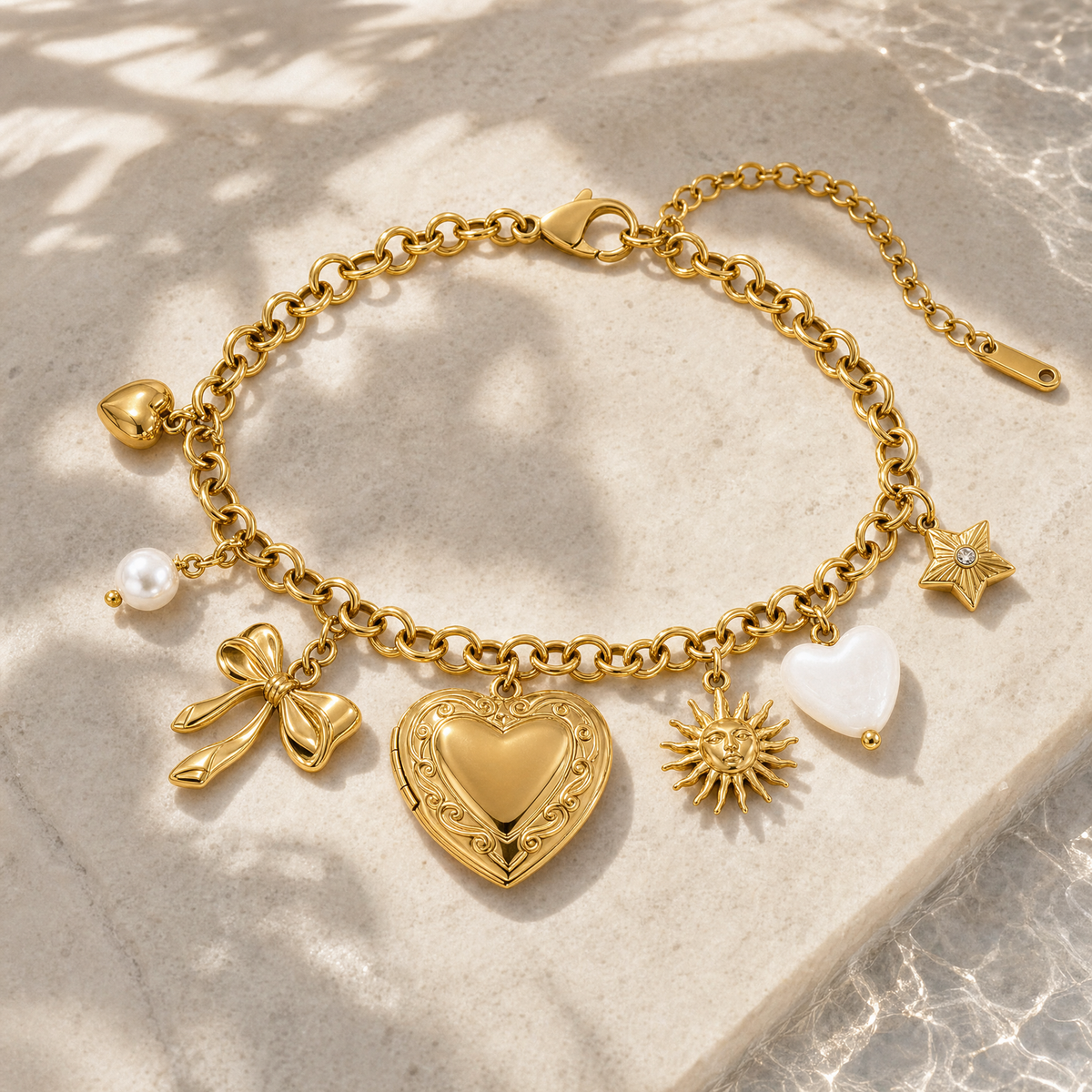 Amara Chunky 18K Gold Plated Charm Bracelet with Mixed Pendants
