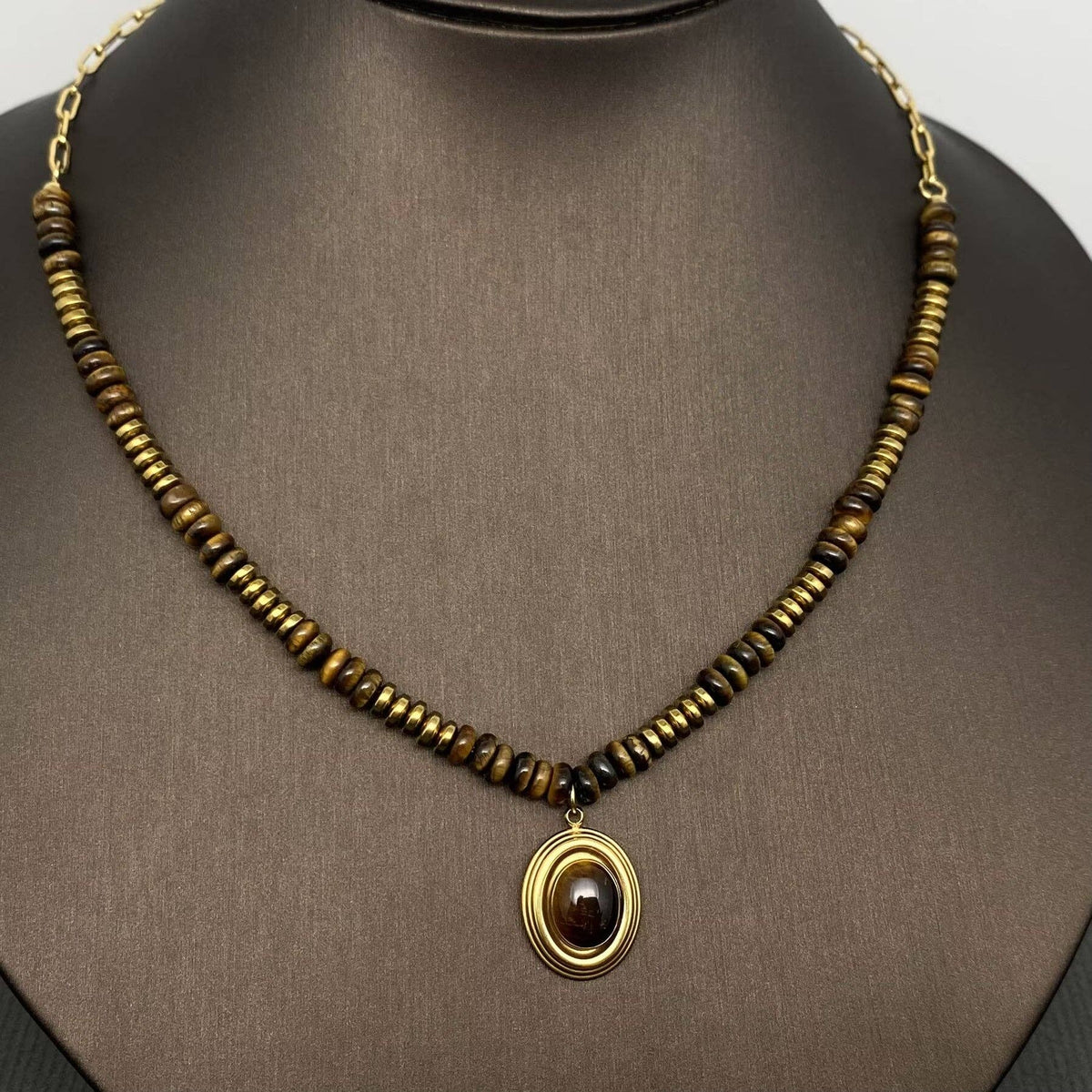 Tiger’s Eye Beaded Statement Necklace (18K Gold Plated)